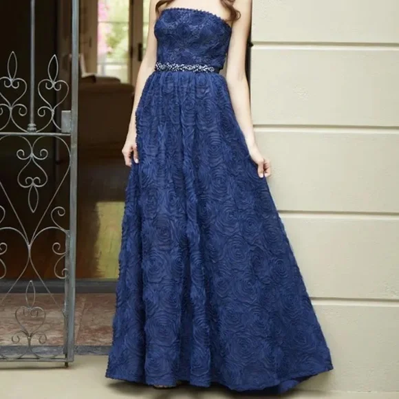Adrianna Papell | Dresses | Adrianna Papell 2 Elegant Navy Blue Strapless  Dress Beaded Waist 3d Floral | Poshmark